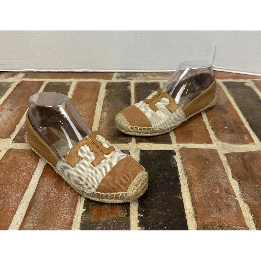 Tory Burch Espadrille Flats‎ Tan & Cream Canvas Slip-On Shoes Size 8 M